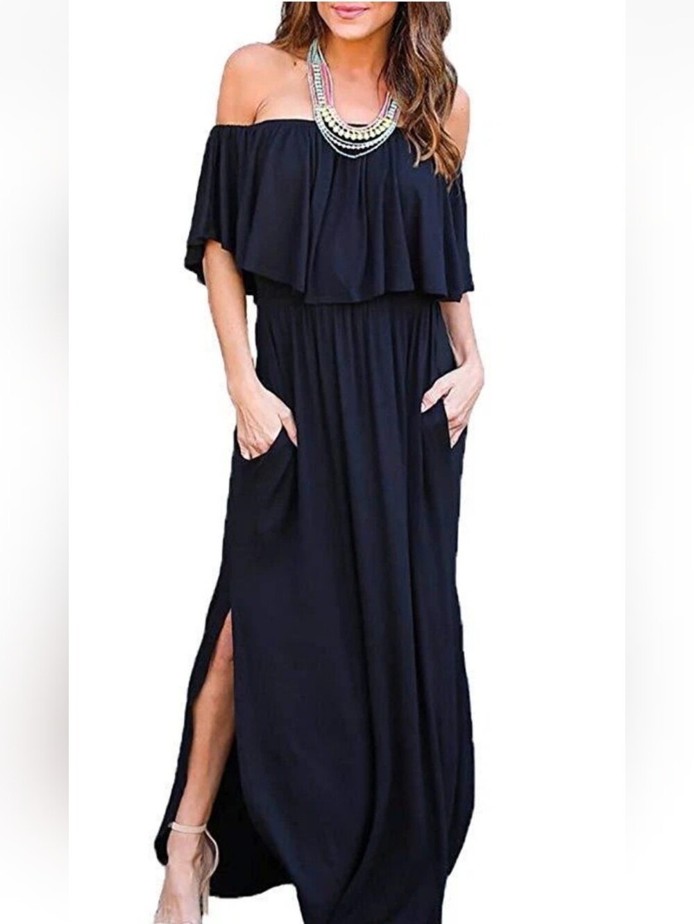 Thanth Women’s Navy Off-the-Shoulder Maxi Skirt with Side Slit